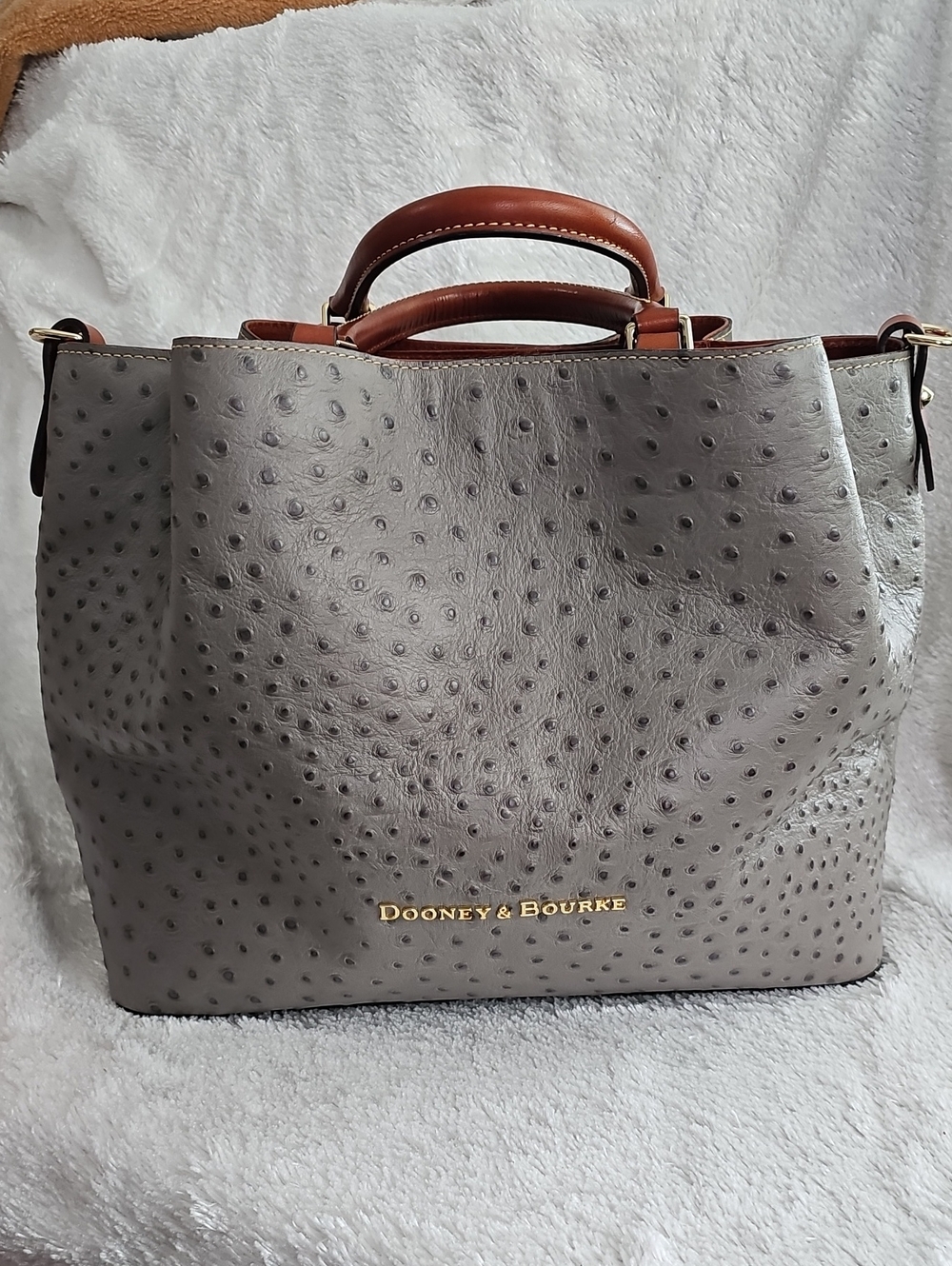 Dooney & Bourke Gray Ostrich-Embossed Tote with Brown Handles